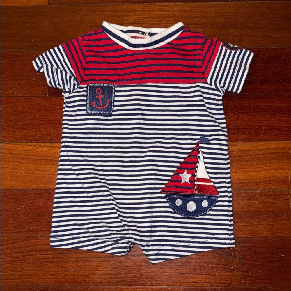 Vintage “Okie Dokie” Baby Boy, Striped Nautical Sailboat Romper, Size 3-6 Months